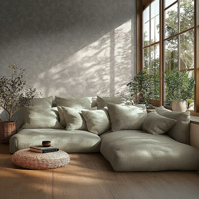 A.S. Création Metropolitan Stories Hot Spots Vliestapete Dschungel - Weiß-Grau-Metallic, Floral, 10,05 x 0,53 m - Gemütliches modulares Sofa mit vielen Kissen und einem Beistelltisch aus Rattan vor einem Fenster mit Tageslicht.