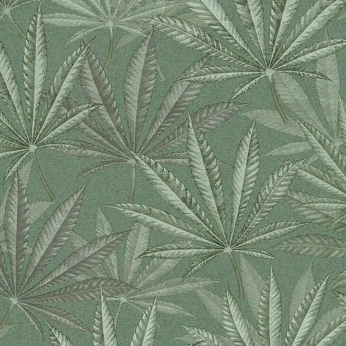 A.S. Création Michalsky Metropolis Vliestapete Hanfblätter - Grün, Floral, 10,05 x 0,53 m - Grünes Hanfblatt-Tapetenmuster, das eine subtile und natürliche Textur für Wohnräume bietet. Ideal für entspannte und stilvolle Interieurs.