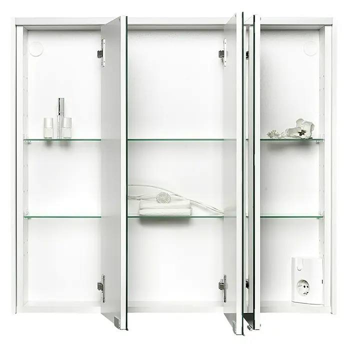 Sieper LED-Spiegelschrank KHX 80 - B x H: 80 x 74 cm, Holz, Anthrazit/Weiß - Ein weißer Spiegelschrank mit drei Fächern, ausgestattet mit Glasböden, zeigt elegante Aufbewahrungslösungen und ein modernes Design.