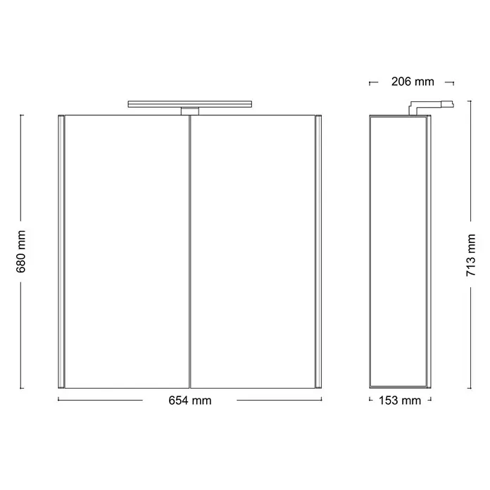 Jokey LED-Spiegelschrank DekorAlu - B x H: 65,4 x 68 cm, Eiche Trüffel - Technische Zeichnung eines LED-Badezimmerspiegels mit den Maßen 654 x 680 x 153 mm und einer Tiefe des Kopfteils von 206 mm.
