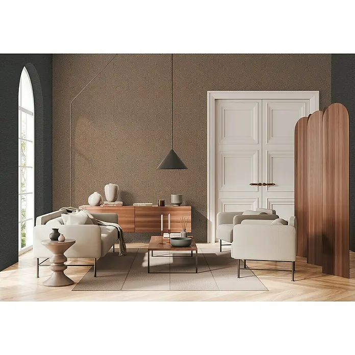 A.S. Création Daniel Hechter 7 Vliestapete 3D-Grafikstreifen - Schwarz-Gold-Metallic, Grafisch, 10,05 x 0,53 m - Stilvolles Wohnzimmer mit modernem Sofa, Couchtisch und Sideboard. Elegante Einrichtung mit indirekter Beleuchtung und dekorativer Wandgestaltung.
