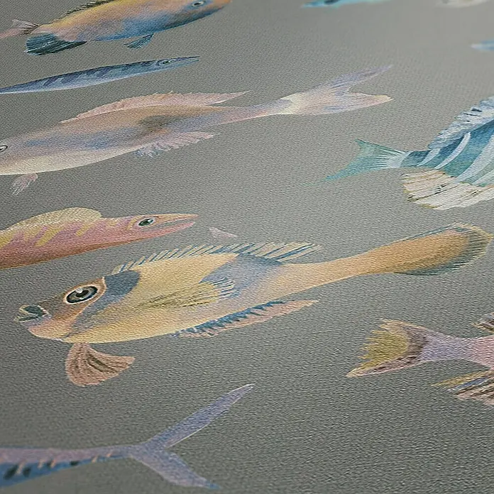 A.S. Création Pintwalls 2 Vliestapete Fische - Grau-Bunt-Blau, Tieroptik, 10,05 x 0,53 m - Detailaufnahme einer Tapete mit einem Muster aus bunten Fischen, die eine lebendige Unterwasserwelt darstellen.