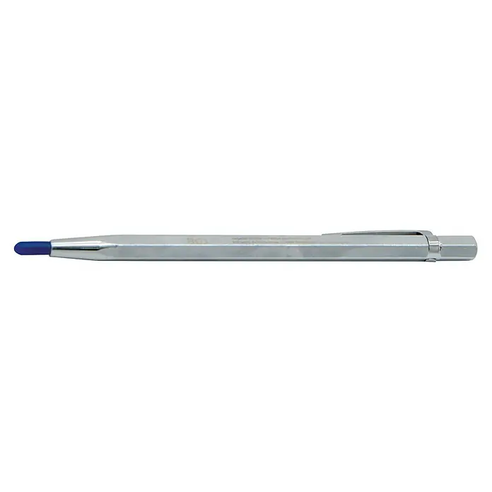 Heka Reißnadel - 150 mm - Nahaufnahme eines silbernen Betonschlaghammers mit blauem Stempel und Clip. Das Produkt dient zur Festigkeitsprüfung von Beton.