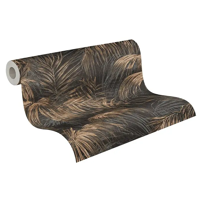 A.S. Création Michalsky Metropolis Vliestapete Farn - Schwarz-Beige-Braun, Floral, 10,05 x 0,53 m - Eine Rolle dunkler Tapete mit goldenen und grauen Palmblattmustern, die eine stilvolle und moderne Wanddekoration bietet.