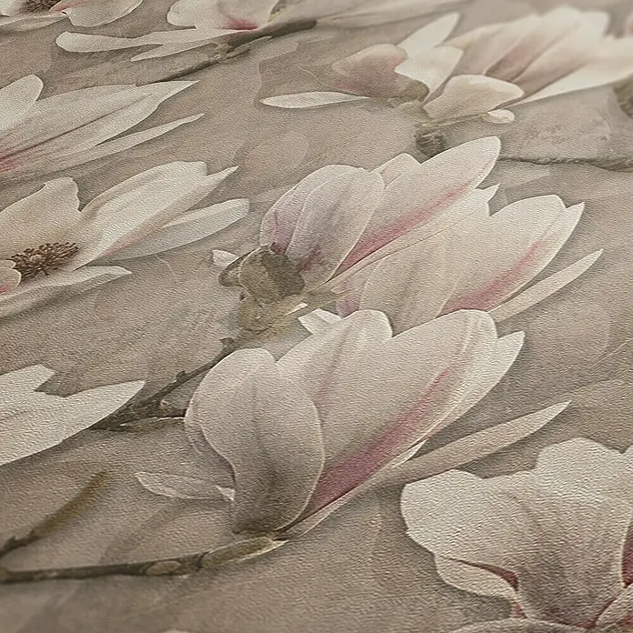 A.S. Création Pintwalls 2 Vliestapete Magnolien - Braun-Rosa-Weiß, Floral, 10,05 x 0,53 m - Nahaufnahme einer Tapete mit Magnolienblütenmuster in sanften Farben, ideal für eine elegante Wandgestaltung.