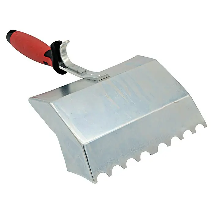 Heka Porenbetonkleberkelle Kalksandstein - 175 mm, Stahl - Nahaufnahme einer Eckspachtel mit rotem Griff und gezackter Kante. Ideal für präzise Arbeiten.