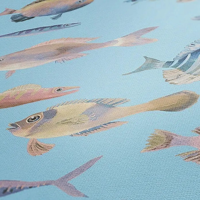 A.S. Création Pintwalls 2 Vliestapete Fische - Türkis-Bunt-Rosa, Tieroptik, 10,05 x 0,53 m - Nahaufnahme von einem Design mit Aquarellfischen auf hellblauem Hintergrund.