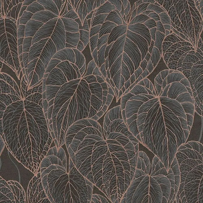 A.S. Création Daniel Hechter 7 Vliestapete Blattdesign - Braun-Schwarz-Gold, Floral, 10,05 x 0,53 m - Das Bild zeigt ein luxuriöses Tapetenmuster mit stilisierten Blättern in Grau- und Kupfertönen, ideal für elegante Innenräume.