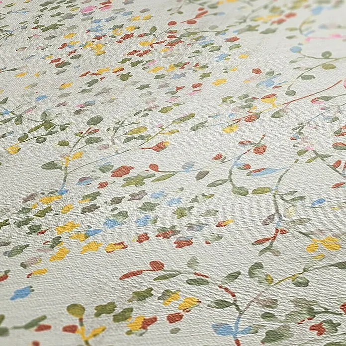 A.S. Création Pintwalls 2 Vliestapete Blumen - Bunt-Creme-Grün, Floral, 10,05 x 0,53 m - Nahaufnahme einer Tapete mit einem floralen Muster in sanften Farben, die eine ruhige und natürliche Atmosphäre schafft.