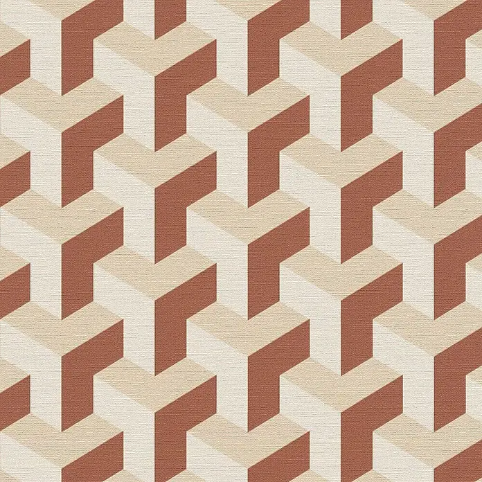 A.S. Création Daniel Hechter 7 Vliestapete 3D-Grafik - Creme-Rot-Gold, Grafisch, 10,05 x 0,53 m - Illustriert ein geometrisches Muster mit braunen und beigen würfelartigen Formen, die einen optischen 3D-Effekt erzeugen und eine moderne Textur zeigen.