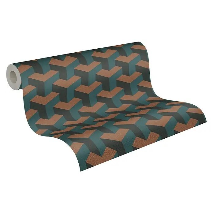 A.S. Création Daniel Hechter 7 Vliestapete 3D-Grafik - Blau-Grün-Schwarz, Grafisch, 10,05 x 0,53 m - Ein Rollenmuster aus geometrischen Tapeten in Braun-, Türkis- und Grautönen. Dieses Muster ist optisch ansprechend und modern.