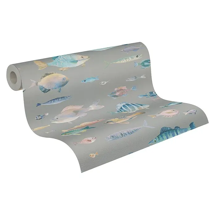 A.S. Création Pintwalls 2 Vliestapete Fische - Grau-Bunt-Blau, Tieroptik, 10,05 x 0,53 m - Eine Rolle Tapete mit einem Muster aus verschiedenen bunten Fischen auf einem grauen Hintergrund. Die Tapete ist aufgerollt und zeigt das durchgehende Muster.