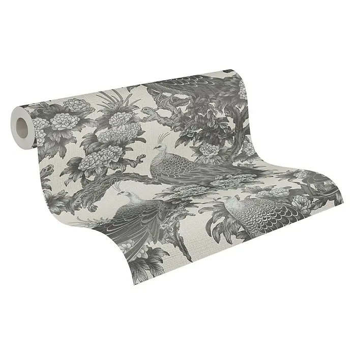A.S. Création Michalsky Metropolis Vliestapete Dschungel - Grau-Beige, Floral, 10,05 x 0,53 m - Eine Rolle Tapete mit einem eleganten Vogel- und Blumenmuster in Graustufen. Die Tapete verleiht jedem Raum eine klassische Note.