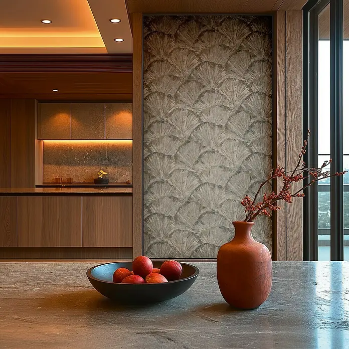 A.S. Création Metropolitan Stories Hot Spots Vliestapete Grafik - Beige-Braun-Metallic, Grafisch, 10,05 x 0,53 m - Stilvolles Interieur mit einer Schale roter Äpfel und einer rustikalen Vase auf einem Steintisch. Moderne Küche und elegantes Design.