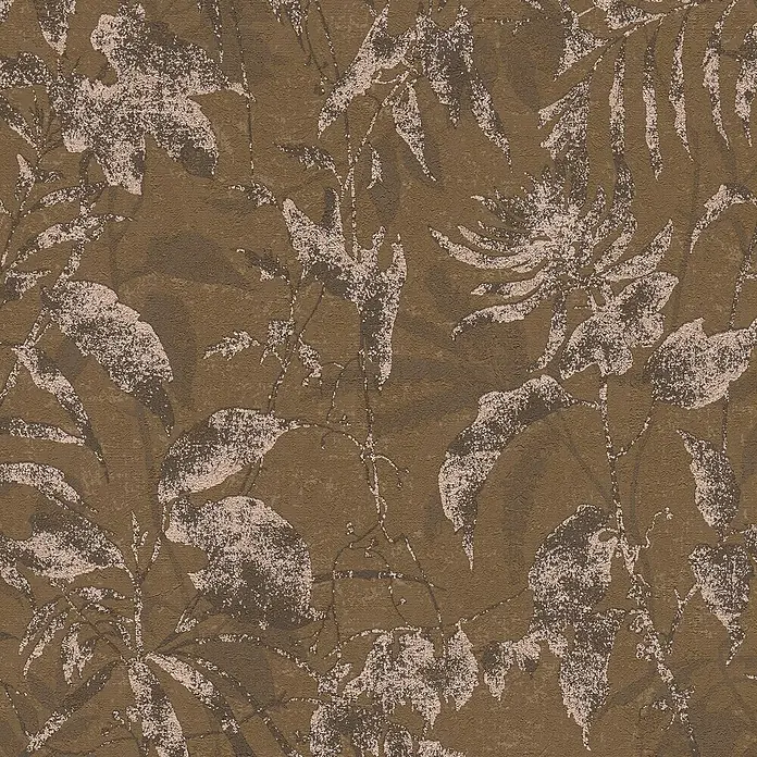 A.S. Création Metropolitan Stories Hot Spots Vliestapete Dschungel - Braun-Metallic, Floral, 10,05 x 0,53 m - Nahaufnahme eines braunen floralen Tapetenmusters mit subtilen Texturen, das Eleganz und natürliche Schönheit vereint.