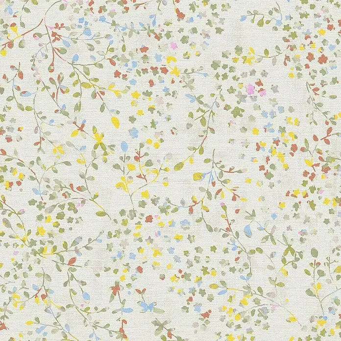 A.S. Création Pintwalls 2 Vliestapete Blumen - Bunt-Creme-Grün, Floral, 10,05 x 0,53 m - Zartes, florales Stoffmuster mit filigranen Blättern und bunten Blüten auf hellem Grund. Ideal für frühlingshafte Designs.
