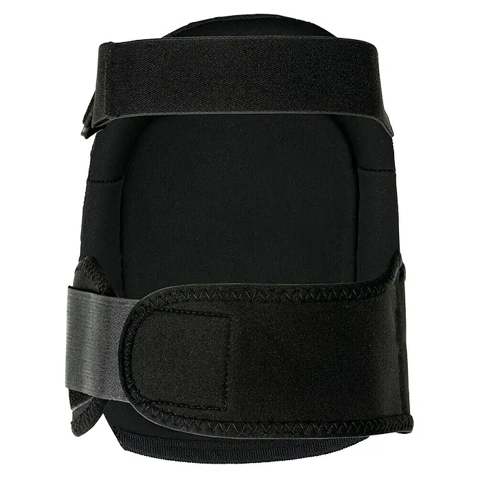 Kneetek Knieschoner Basic Clear - 1 Stk. - Diese Nahaufnahme zeigt eine schwarze Knieschützer mit verstellbaren Riemen, ideal für zusätzlichen Schutz bei verschiedenen Aktivitäten.