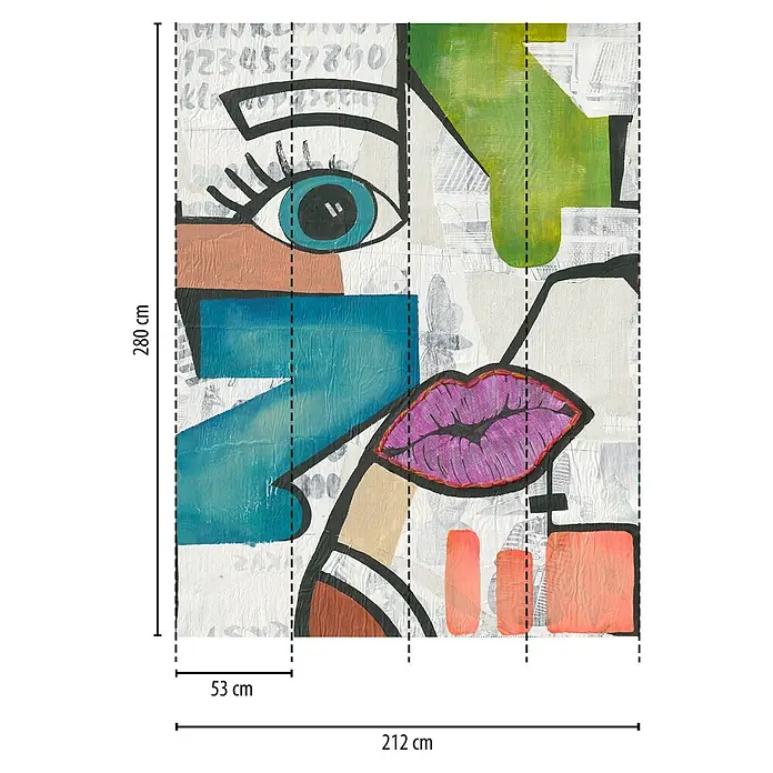 A.S. Création The Wall 3 Fototapete Kunst I - B x H: 212 x 280 cm, Vlies - Wandbild im Collage-Stil mit Gesichtsdarstellung. Die Collage ist in kräftigen Farben und geometrischen Formen gehalten.