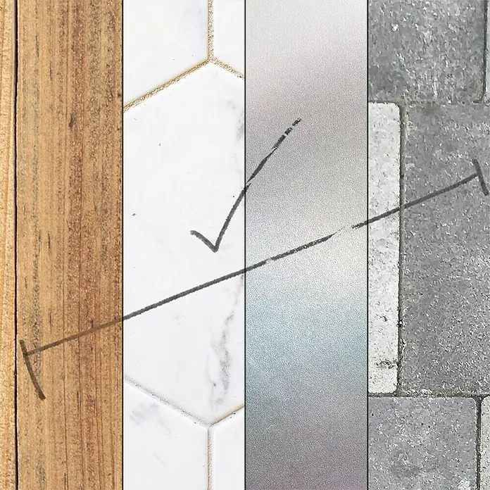 Lyra Ersatzminen Dry - 12 Stk., Grau - Abbildung einer Collage von verschiedenen Oberflächen: Holz, Fliesen, Glas und Stein, mit einer schwarzen Linie, die sich über alle erstreckt.