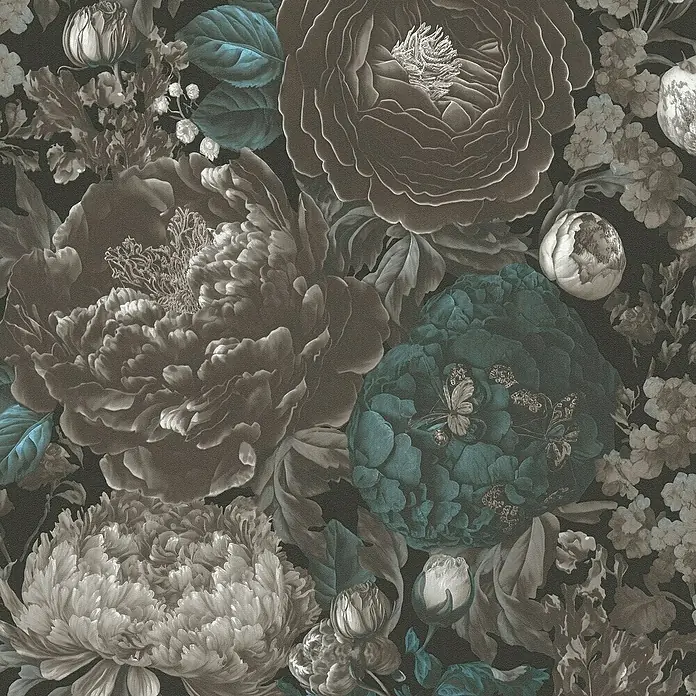 A.S. Création Michalsky Metropolis Vliestapete Blüten - Schwarz-Grau-Blau, Floral, 10,05 x 0,53 m - Dunkles Blumenmuster mit grauen und blauen Akzenten, ideal für elegante und stimmungsvolle Raumgestaltung.\n