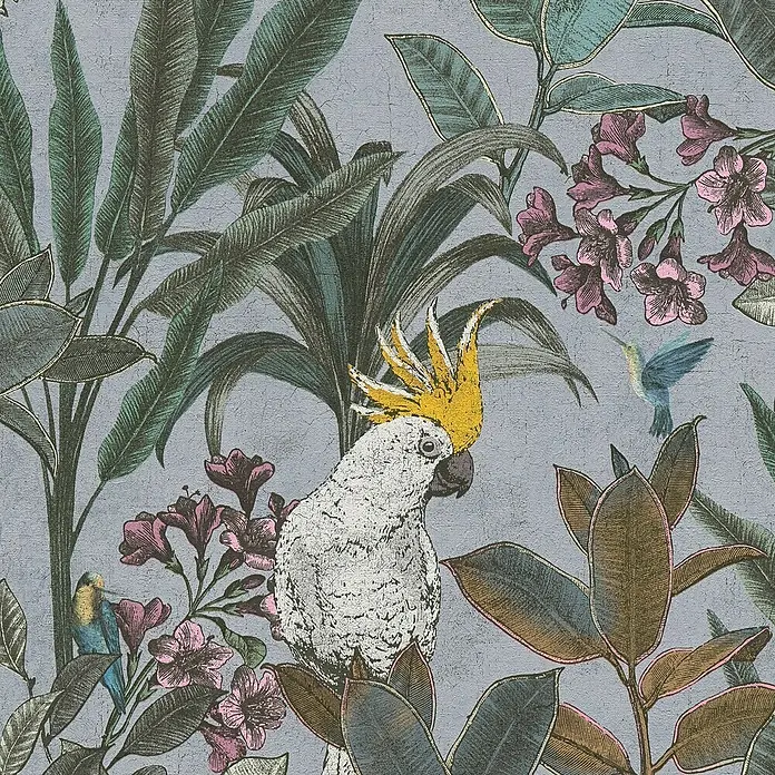 A.S. Création Pintwalls 2 Vliestapete Dschungel - Grau-Blau-Grün, Floral, 10,05 x 0,53 m - Tropische Tapete mit einem Kakadu, einem Kolibri und üppiger Flora, die ein exotisches und lebendiges Ambiente schafft.