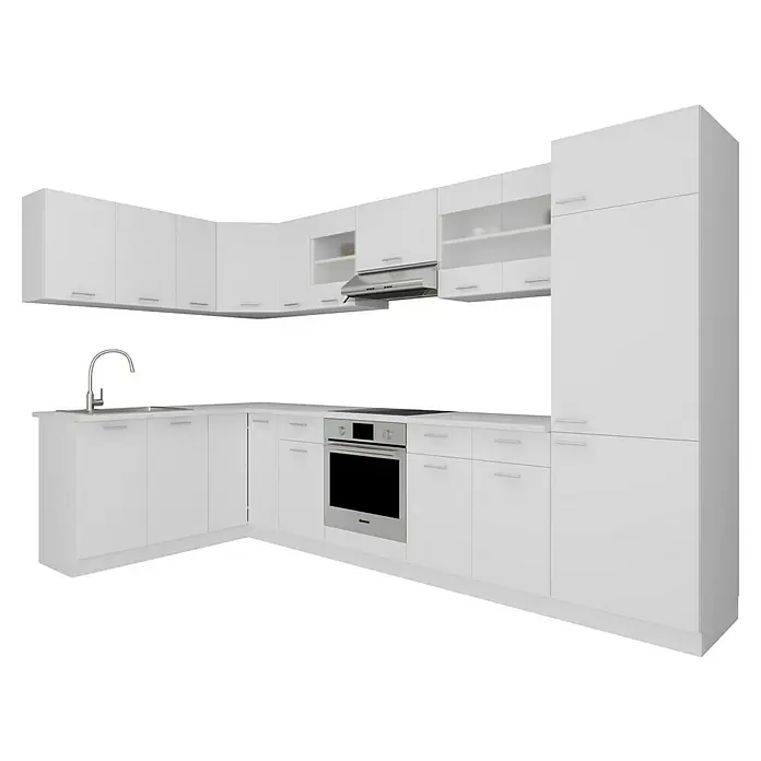 VCM Esilo Küchenleerblock - Breite: 505 cm, Weiß, Ohne Elektrogeräte - Eine moderne, weiße Küche mit Spüle, Backofen, Dunstabzugshaube und viel Stauraum in den Hängeschränken.