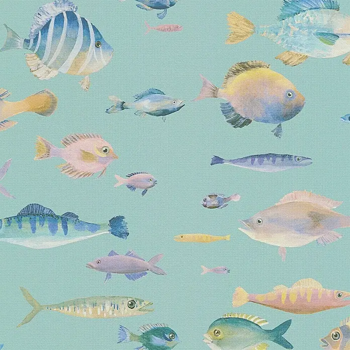 A.S. Création Pintwalls 2 Vliestapete Fische - Blau-Bunt-Violett, Tieroptik, 10,05 x 0,53 m - Buntes Fischmuster-Design, ideal für Stoffe oder Tapeten, mit einer Vielzahl von Fischen in verschiedenen Farben auf blauem Grund.
