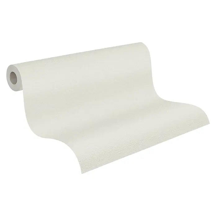 A.S. Création Michalsky Metropolis Vliestapete - Creme-Weiß, Uni, 10,05 x 0,53 m - Nahaufnahme einer Rolle weißer Strukturtapete, ideal für die Wandgestaltung und Inneneinrichtung. Die Tapete bietet eine dezente, elegante Optik.