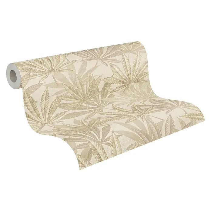 A.S. Création Michalsky Metropolis Vliestapete Hanfblätter - Creme-Beige, Floral, 10,05 x 0,53 m - Eine Rolle beigefarbene Tapete mit einem Muster aus großen, stilisierten Blättern. Perfekt für eine natürliche und elegante Raumgestaltung.