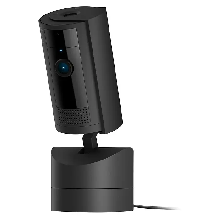 Ring Cámara de vigilancia Pan-Tilt Indoor - Negro - Cámara Ring Stick Up negra, una cámara de seguridad inalámbrica para uso interior o exterior, montada en un soporte.