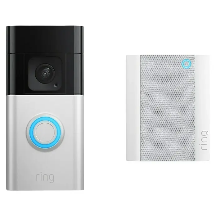 Ring Set Türklingel mit Kamera Video Doorbell Akku Plus + Funk-Gong Chime 2. Gen. - Nickel, 1.920 x 1.080 Pixel (Full HD), 2,8 x 6,2 x 12,8 cm - Ein Ring-Video-Türklingel-System, das aus einer Türklingel mit Kamera und einem Chime besteht, beide in Silber und Schwarz gehalten.