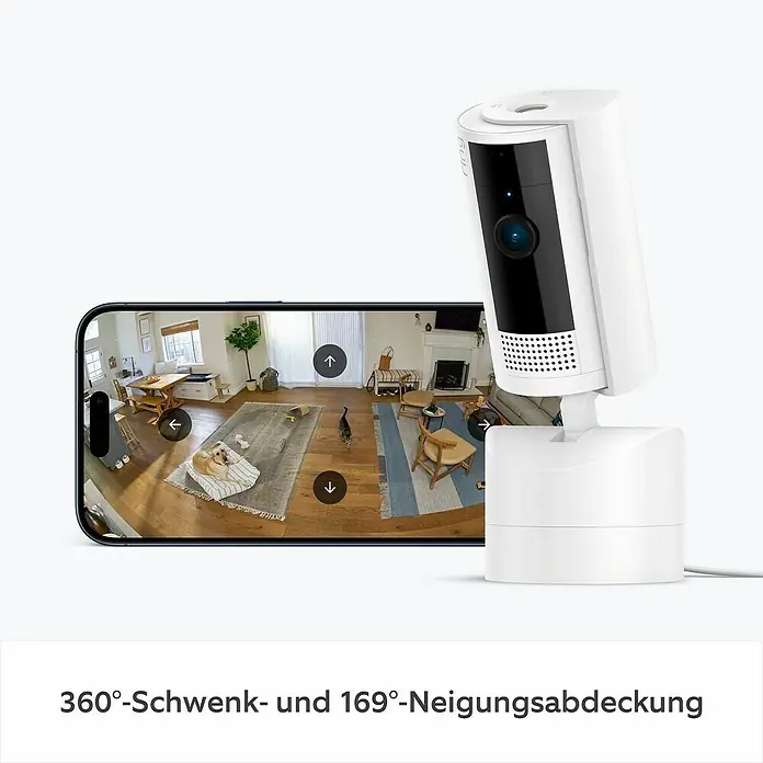Ring Innenkamera beweglich Pan-Tilt Indoor Camera - 1.080 Pixel (Full HD), Weiß - Intelligente Sicherheitskamera mit Schwenk-Neige-Funktion für umfassende Überwachung. Das Gerät bietet 360°-Schwenk- und 169°-Neigungsabdeckung.