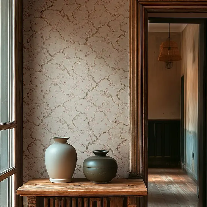 A.S. Création Metropolitan Stories Hot Spots Vliestapete Kirschblüte - Creme-Rosa-Beige, Floral, 10,05 x 0,53 m - Zwei dekorative Vasen auf einem Holzregal vor einer Wand mit floralem Muster, die dem Raum eine künstlerische Note verleihen.