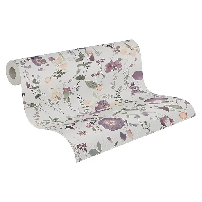 A.S. Création Pintwalls 2 Vliestapete Blumen - Violett-Grün-Gelb, Floral, 10,05 x 0,53 m - Nahaufnahme einer Rolle floral gemusterter Tapete in Pastellfarben, die eine elegante und natürliche Raumatmosphäre verspricht.