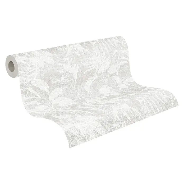 A.S. Création Metropolitan Stories Hot Spots Vliestapete Dschungel - Weiß-Grau-Metallic, Floral, 10,05 x 0,53 m - Eine Rolle blassweiße Tapete mit filigranem Blättermuster, perfekt für stilvolle Wandgestaltungen im Innenbereich.