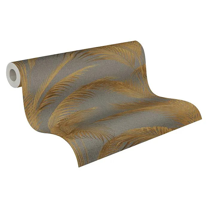 A.S. Création Metropolitan Stories Vliestapete Palmwedel - Grau-Gold-Metallic, Floral, 10,05 x 0,53 m - Ein Muster von Palmblatt-Tapeten in Grau- und Goldtönen, das eine tropische und elegante Atmosphäre schafft.
