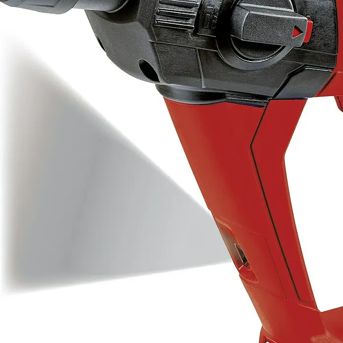 Einhell Power X-Change 18V Akku-Bohrhammer TE-HD 18 Li-Solo - 18 V, Ohne Akku - Nahaufnahme eines roten und schwarzen Bohrhammers, der ein robustes Design und präzise Technik für anspruchsvolle Bohraufgaben zeigt.