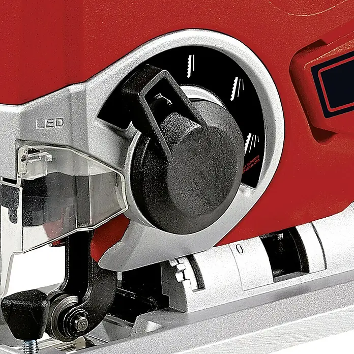 Einhell Power X-Change 18V Akku-Pendelhubstichsäge TE-JS 18/80 Li-Solo - 18 V, Ohne Akku, 0 /min - 2.400 /min - Nahaufnahme einer roten Stichsäge mit Geschwindigkeitsregler und LED-Leuchte, ideal für präzise Holzarbeiten.