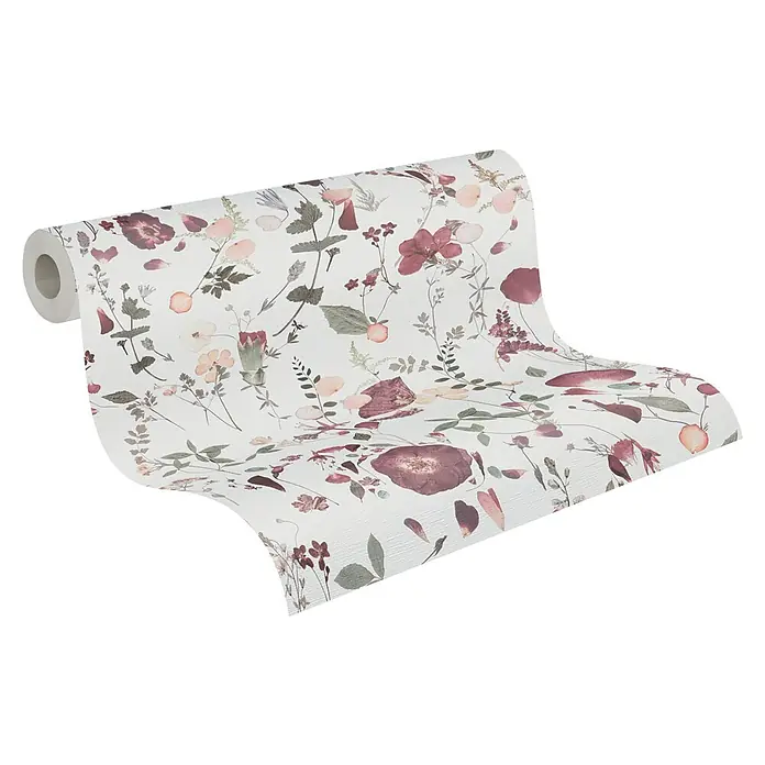 A.S. Création Pintwalls 2 Vliestapete Blumen - Weiß-Violett-Rosa, Floral, 10,05 x 0,53 m - Eine Rolle Tapete mit floralem Muster in sanften Rot- und Grüntönen auf hellem Grund, ideal für eine stilvolle Wandgestaltung.