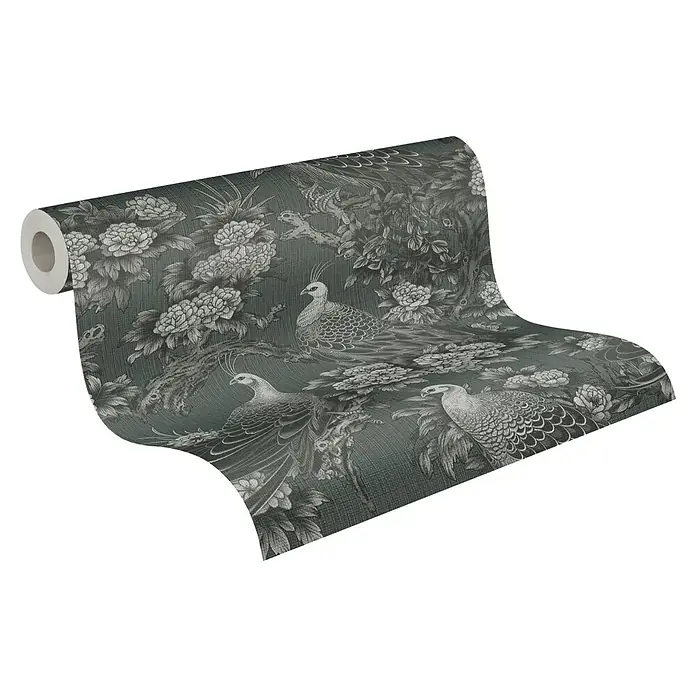 A.S. Création Michalsky Metropolis Vliestapete Dschungel - Grau-Schwarz, Floral, 10,05 x 0,53 m - Eine Rolle eleganter Tapete mit einem Muster aus Pfauen und Blumen in Grautönen, perfekt für stilvolle Innenräume.