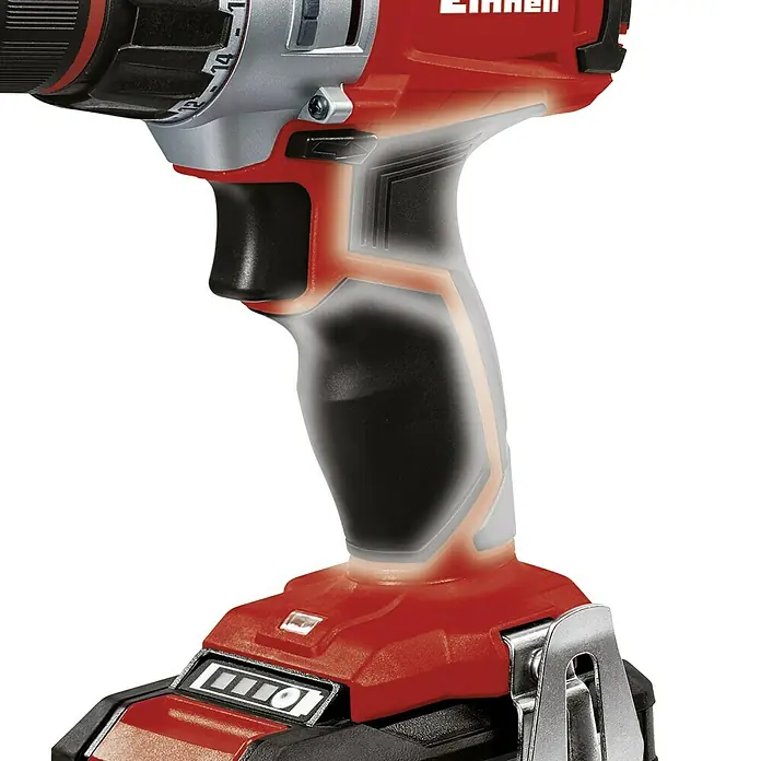 Einhell PXC 18V Akku-Bohrschrauber TE-CD 18/2 Li Kit - 18 V, 2 Akkus, 1,5 Ah, 44 Nm - Detailaufnahme eines Einhell Akku-Bohrschraubers mit Fokus auf den ergonomischen Griff.