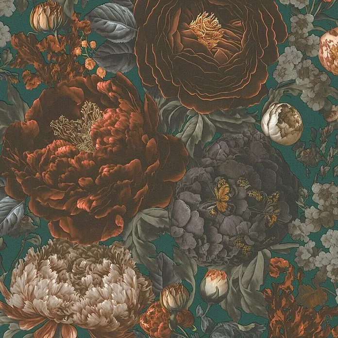 A.S. Création Michalsky Metropolis Vliestapete Blüten - Grün-Grau-Orange, Floral, 10,05 x 0,53 m - Üppiges florales Muster-Tapetendesign, das dunkle, stimmungsvolle Pfingstrosen und Blumen mit üppigen Details auf einem dunklen Hintergrund zeigt.