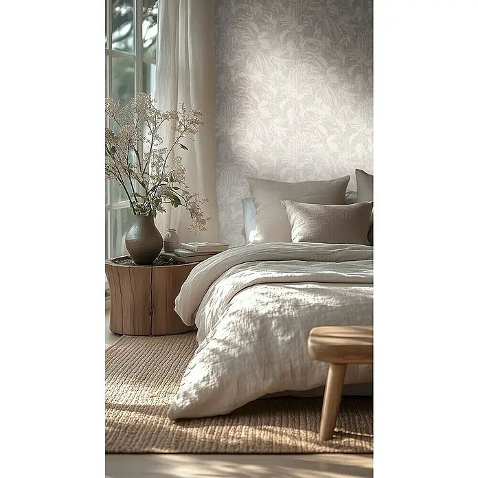 A.S. Création Metropolitan Stories Hot Spots Vliestapete Dschungel - Weiß-Grau-Metallic, Floral, 10,05 x 0,53 m - Schlafzimmer mit natürlichem Ambiente: Bett mit Leinenbettwäsche, Holzhocker und Blumenvase auf einem Baumstumpf-Beistelltisch.