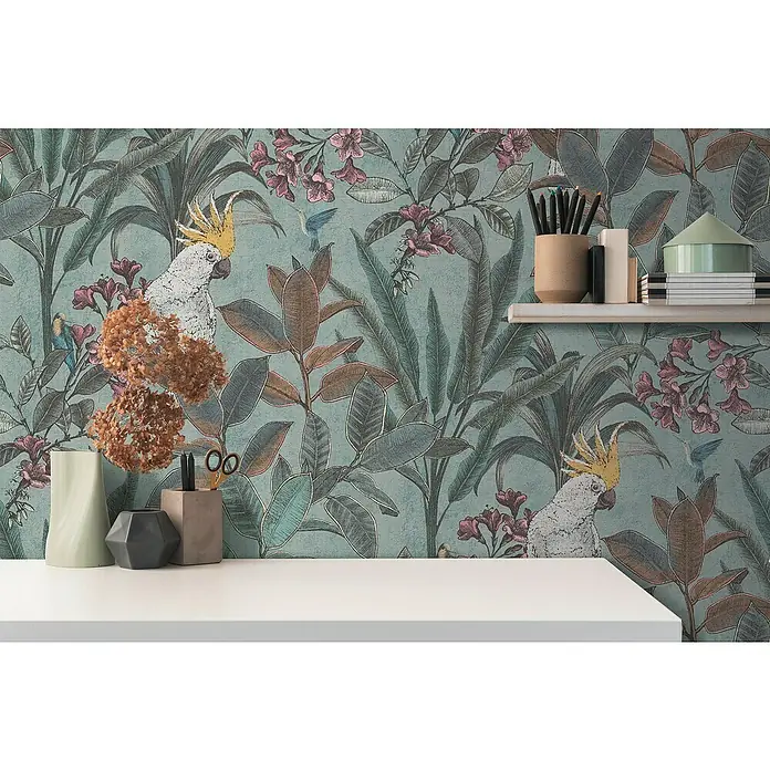 A.S. Création Pintwalls 2 Vliestapete Dschungel - Grün-Blau-Pink, Floral, 10,05 x 0,53 m - Schöner Hintergrund mit einem tropischen Wandbild mit Kakadus, üppigen Pflanzen und Blumen, ideal für die Raumgestaltung.
