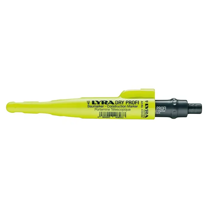 Lyra Bohrlochmarker Dry - Grau - Ein gelber LYRA Dry Profi Baumarker, ein Werkzeug zum Markieren auf Baustellen, mit Aufschriften und einem schwarzen Endstück.