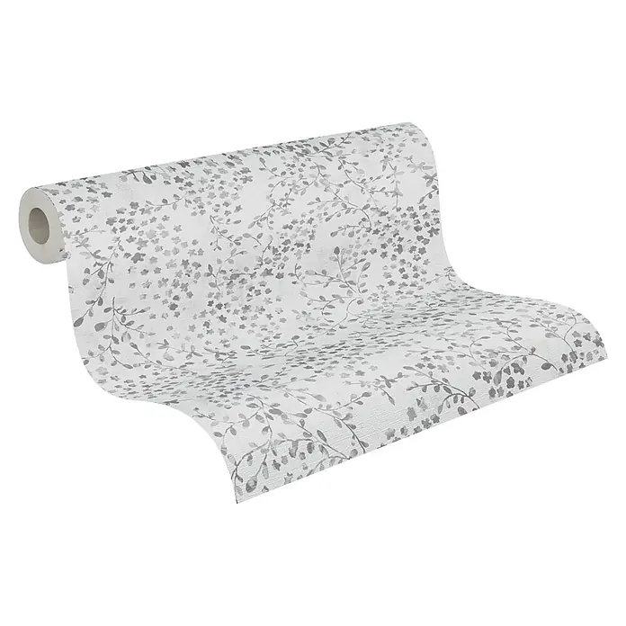 A.S. Création Pintwalls 2 Vliestapete Blumen - Grau-Weiß-Silber, Floral, 10,05 x 0,53 m - Eine Rolle Vliestapete mit zarten Blumen- und Blättermuster in dezenten Grautönen, die eine elegante und ruhige Atmosphäre schafft.