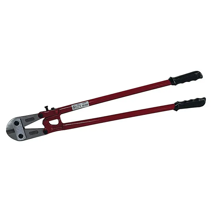 Heka Bolzenschneider - Länge: 900 mm - Nahaufnahme einer Bolzenschere mit roten Griffen und einem schwarzen, ergonomischen Griff. Ideal zum Schneiden von Metallmaterialien.