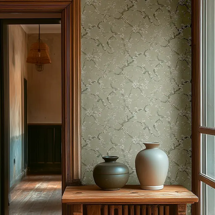 A.S. Création Metropolitan Stories Hot Spots Vliestapete Kirschblüte - Grün-Weiß-Grau, Floral, 10,05 x 0,53 m - Zwei dekorative Keramikvasen in einem stilvollen Interieur, die Vasen bringen einen Hauch von Eleganz in den Raum.