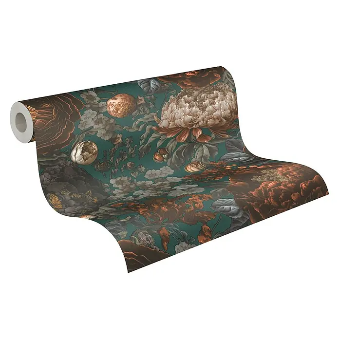 A.S. Création Michalsky Metropolis Vliestapete Blüten - Grün-Grau-Orange, Floral, 10,05 x 0,53 m - Eine Rolle detailreicher Blumentapete mit opulenten Blüten und üppigem Laubwerk in dunklen, satten Farben. Ideal für eine elegante Raumgestaltung.