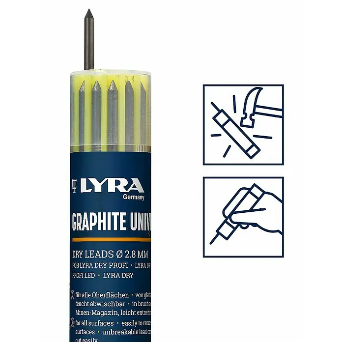 Lyra Ersatzminen Dry - 12 Stk., Grau - Lyra Graphite Universal Minen, 2,8 mm Durchmesser. Ideal für vielfältige Anwendungen, bruchsicher und leicht zu entnehmen.